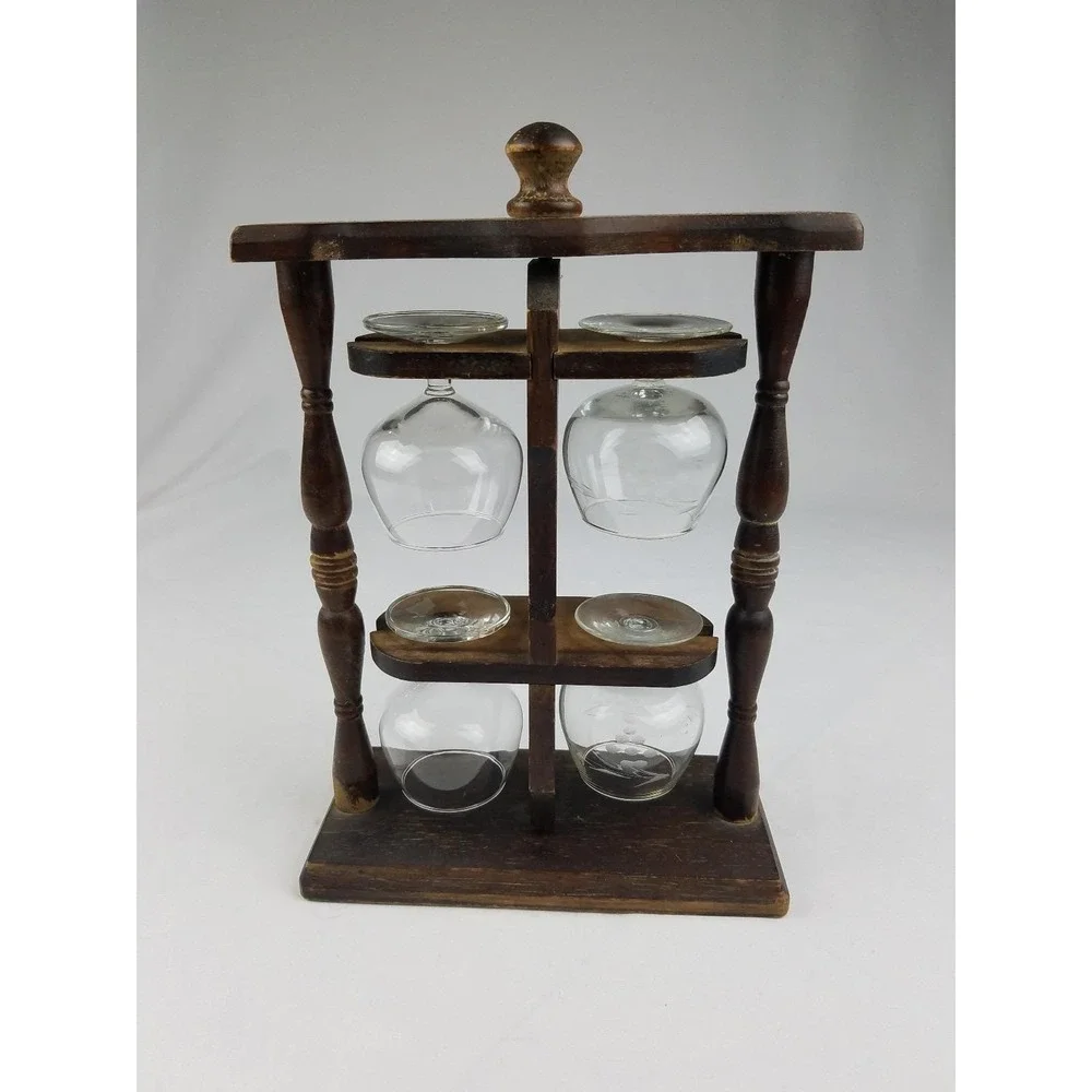 Vtg 4 wine cups wood holder rotating man cave barware mid century oenophilia